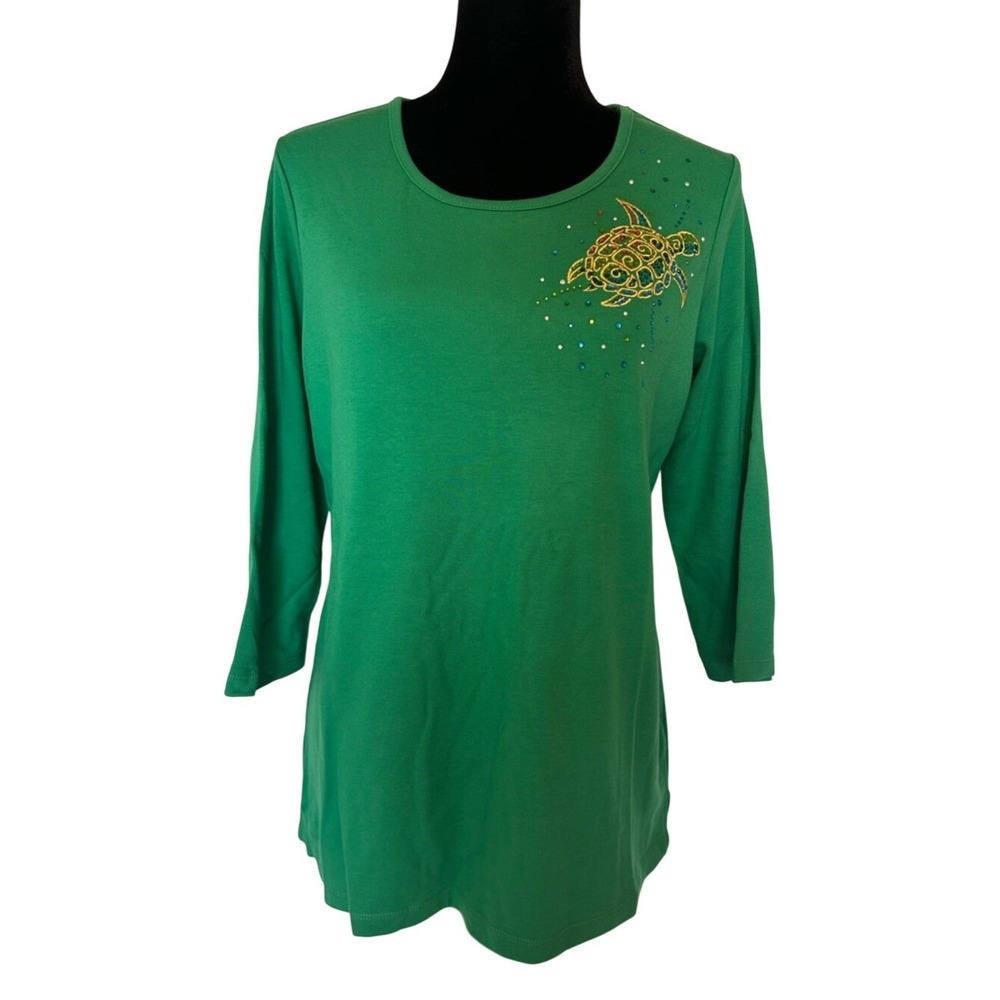 Quacker Factory Green Embroidered Turtle 3/4 Sleeve Top Blouse Size‎ Small